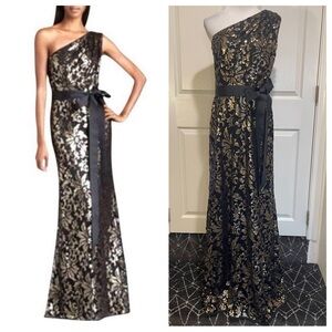 Tadashi Shoji One-Shoulder Dress in Black and Gold